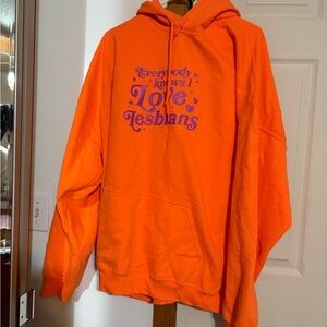 Good mythical morning Orange Hoodie with Purple 'I Love Lesbians' Graphic